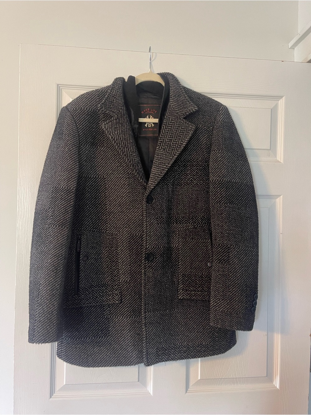 KBX Men's Herringbone Wool Blend Overcoat - Black & Gray